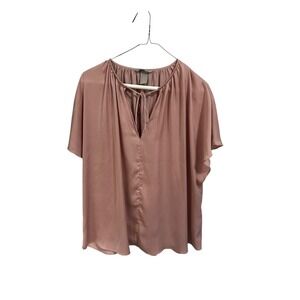 H&M Blouse Top Tie Neck Short‎ Sleeve Flowy Casual Pink Size L